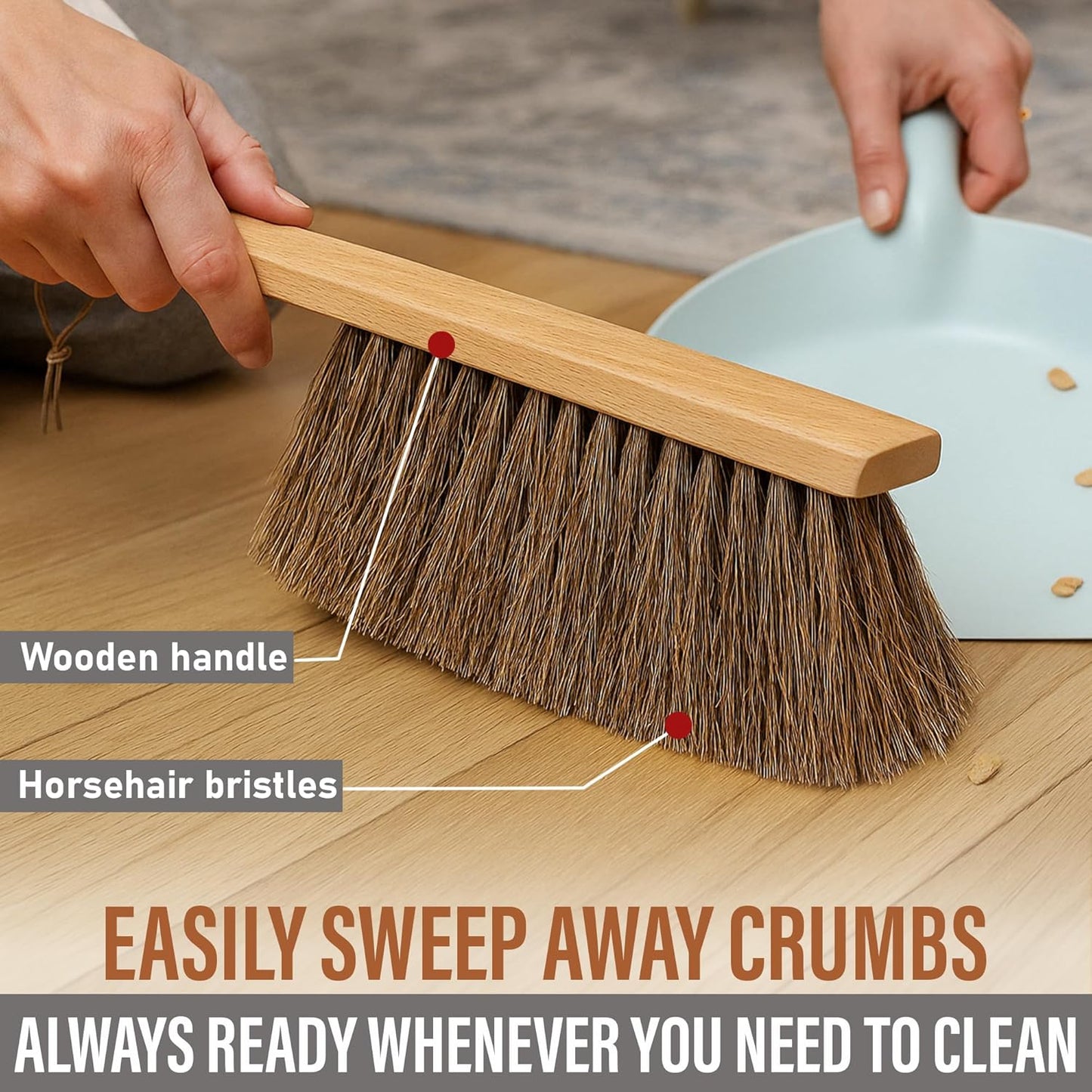 Takavu Multi-Purpose Counter Brush with Solid Wood Handle, Natural Horsehair Bristles for Gentle