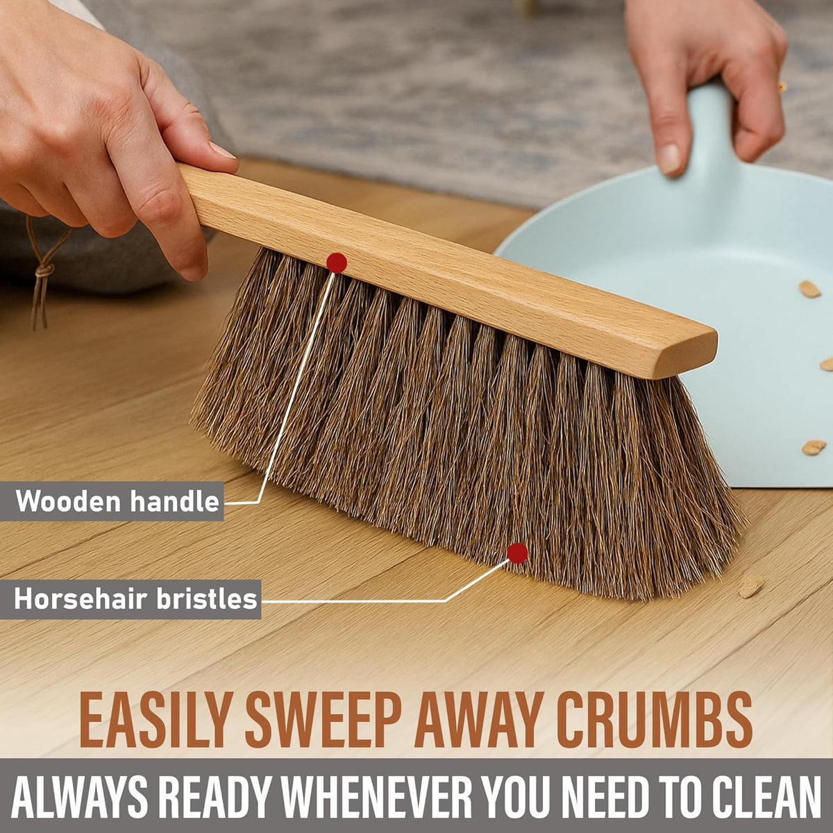 Takavu Multi-Purpose Counter Brush with Solid Wood Handle, Natural Horsehair Bristles for Gentle