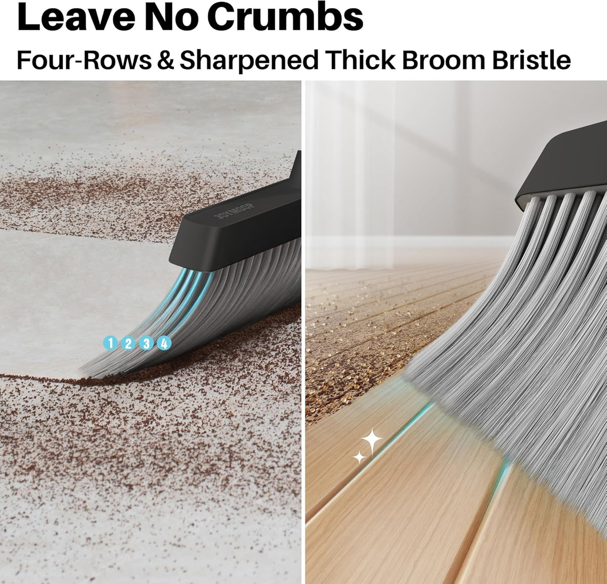 JOYMOOP Black Broom and Dustpan Set, Upright Angle Design with Built-in Comb Teeth for Home
