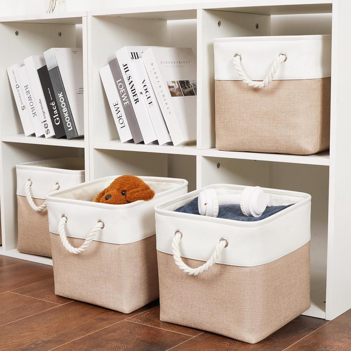 11 x 11 Inch Storage Cubes, 6 Pack Large Collapsible Fabric Storage Bin with Ropes, Foldable