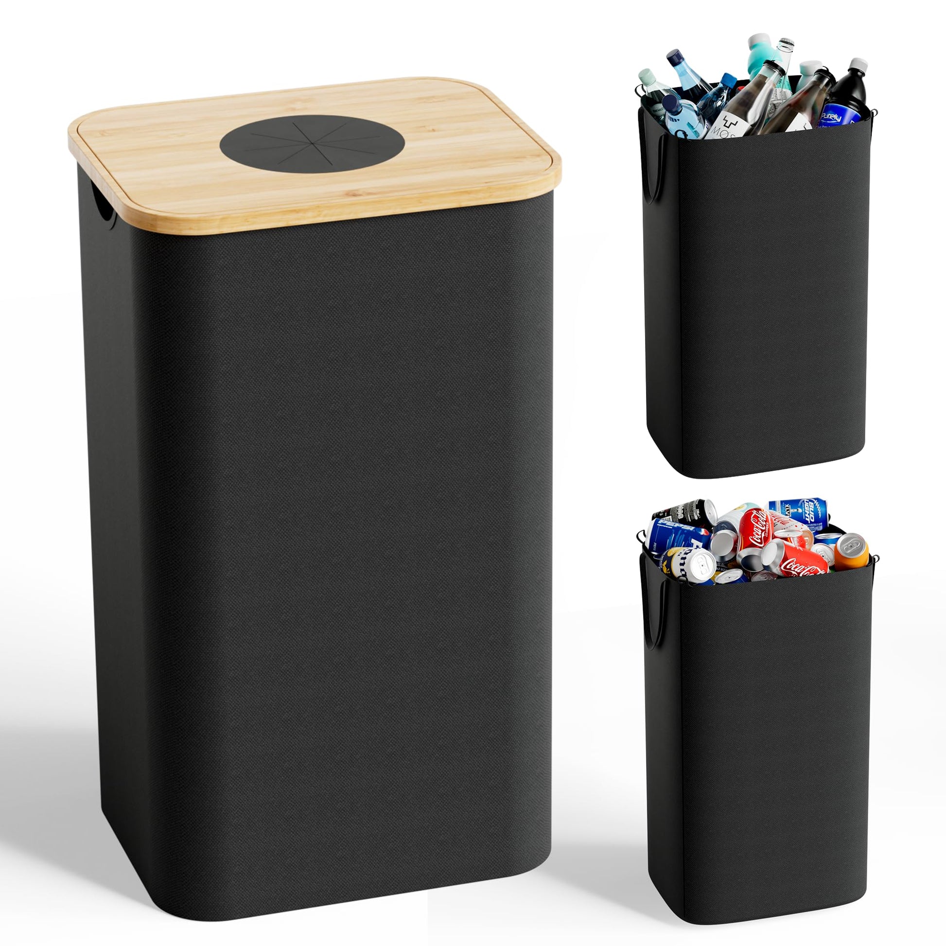 26 Gallon (100L) Recycling Bins for Kitchen with Bamboo lid, Black
