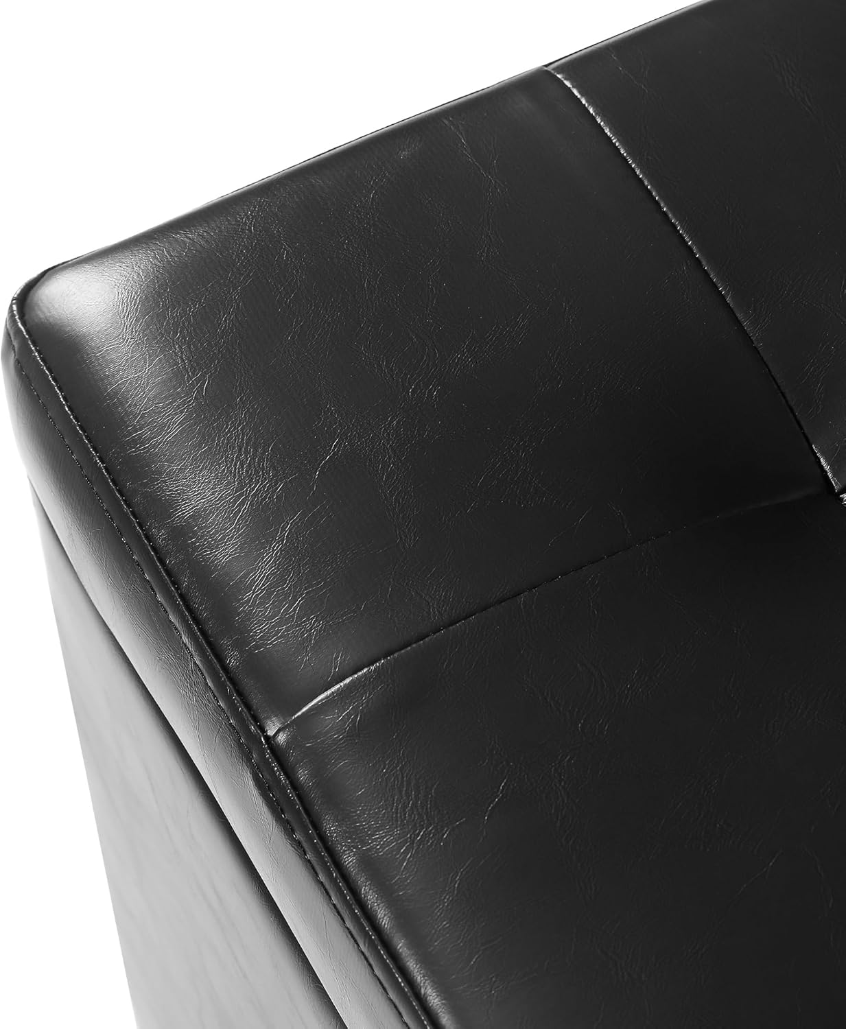Adeco Faux Leather Storage Ottoman Bench with Solid Wood Legs, 17.7" Square Black PU Cube Foot