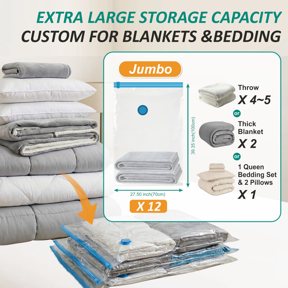 Cozy Essential Vacuum Storage Bags, 80% Compression Vacuum Seal Space Saver Plastic Packaging Bags