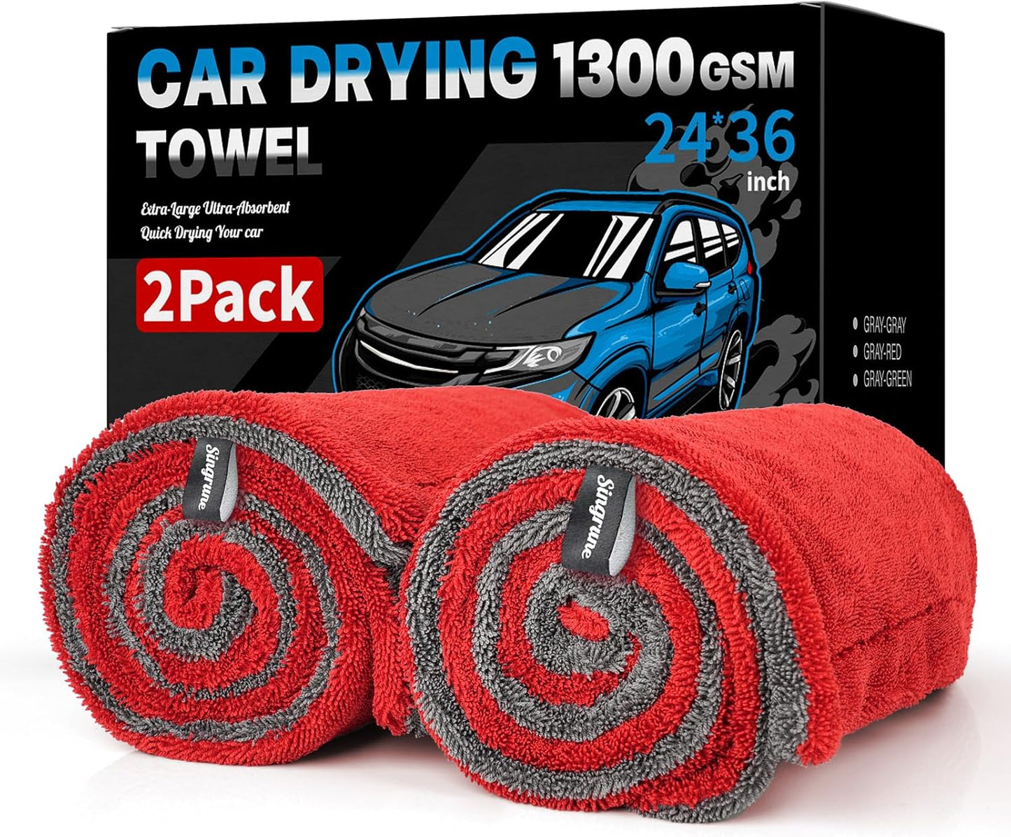 2 Pack XL Car Drying Towel – 1300GSM Ultra Absorbent Microfiber, 24"x36" Large Size, Twisted Loop