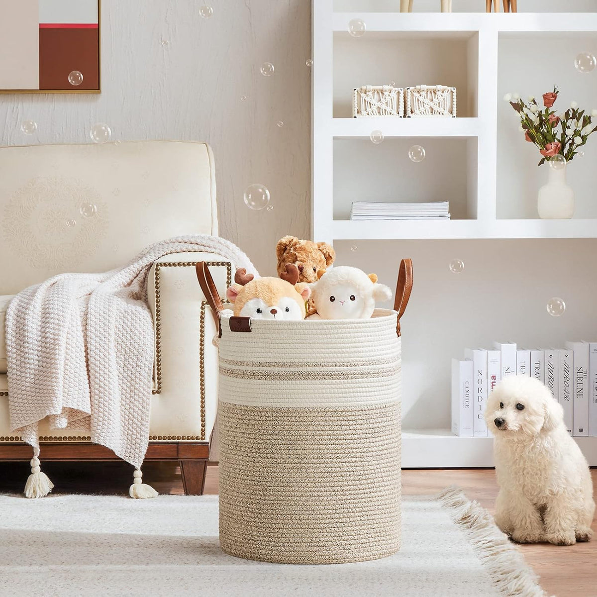 VIPOSCO Tall Laundry Basket, Large Dirty Clothes Hamper with Leather Handle, Woven Rope Storage