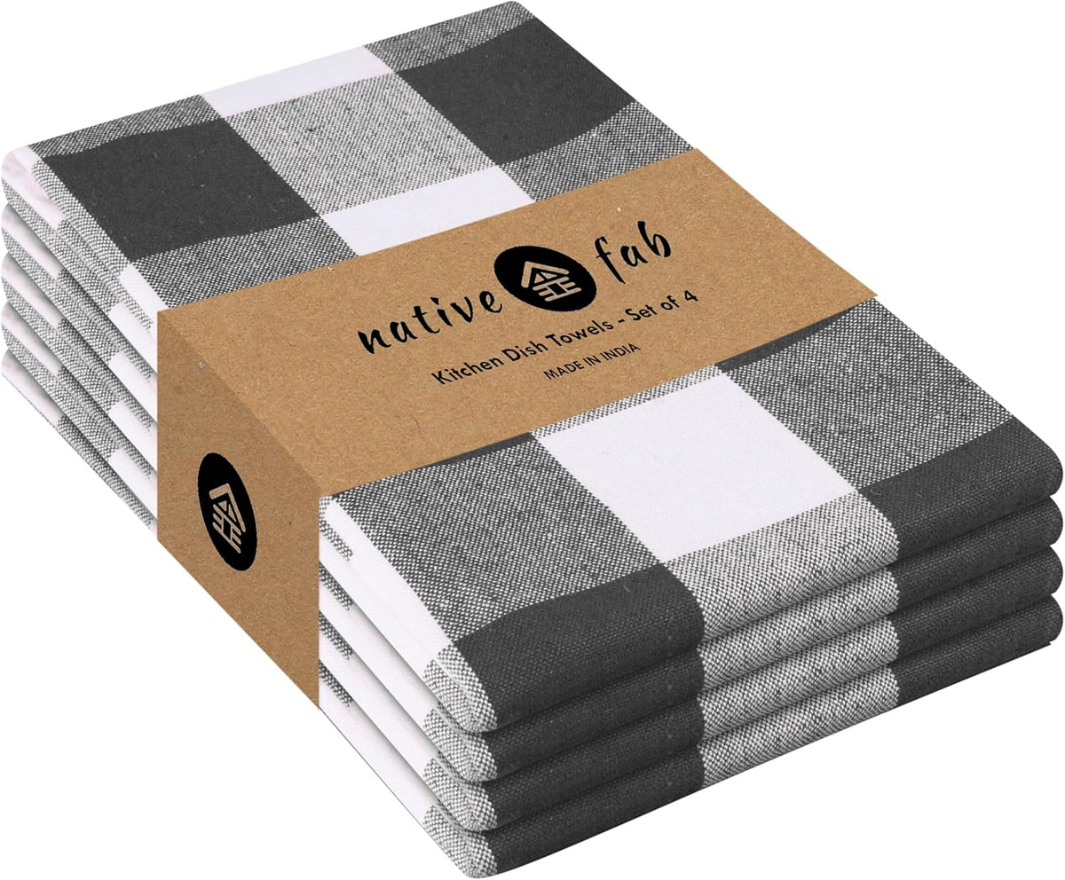 Native Fab 4-Pack Kitchen Towel with Hanging Loop 16x26 inches, Cotton Buffalo Check Kitchen Towels