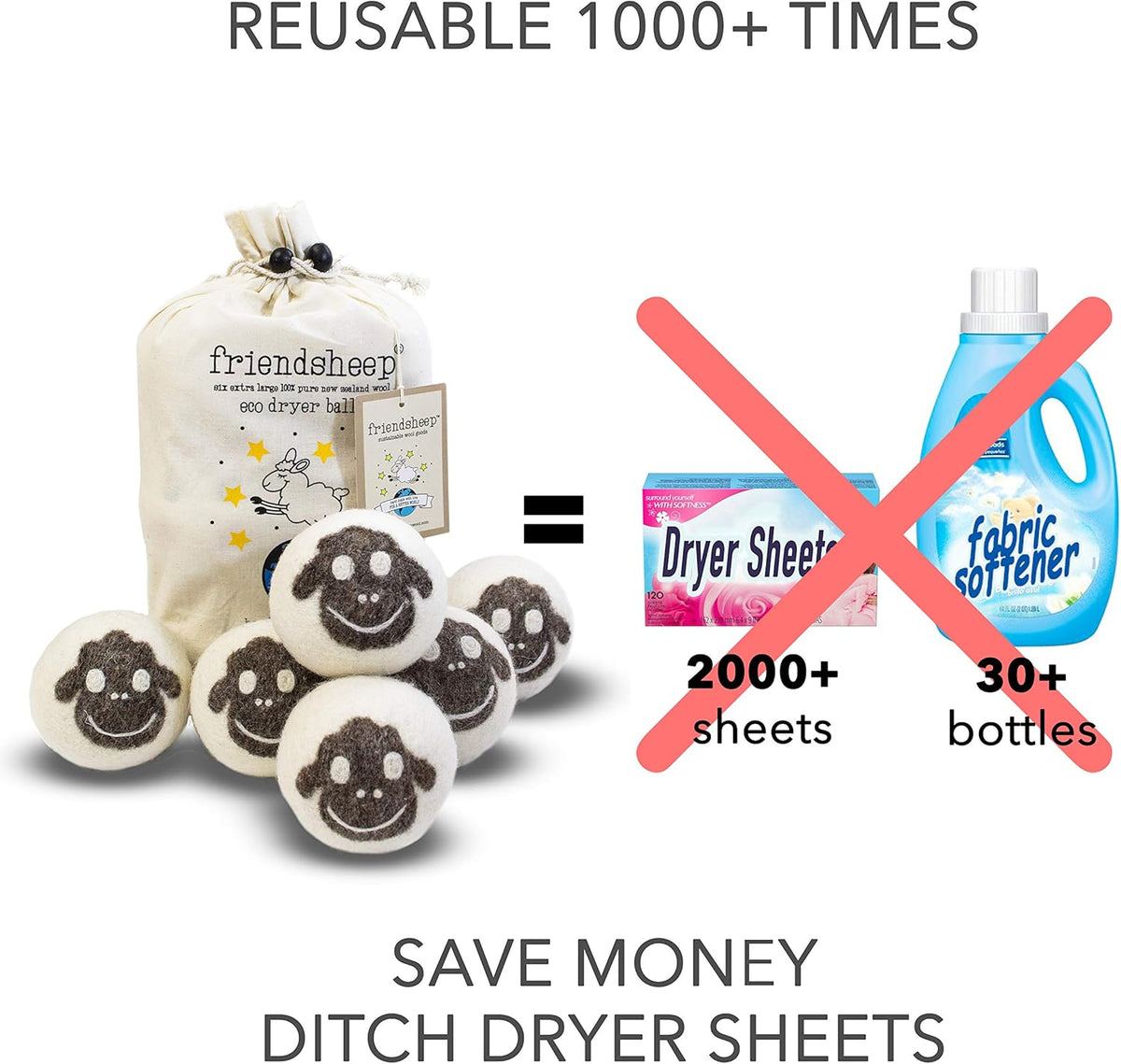 Wool Dryer Balls by Friendsheep 6 Pack XL Organic Premium Reusable Cruelty Free Handmade Fair Trade