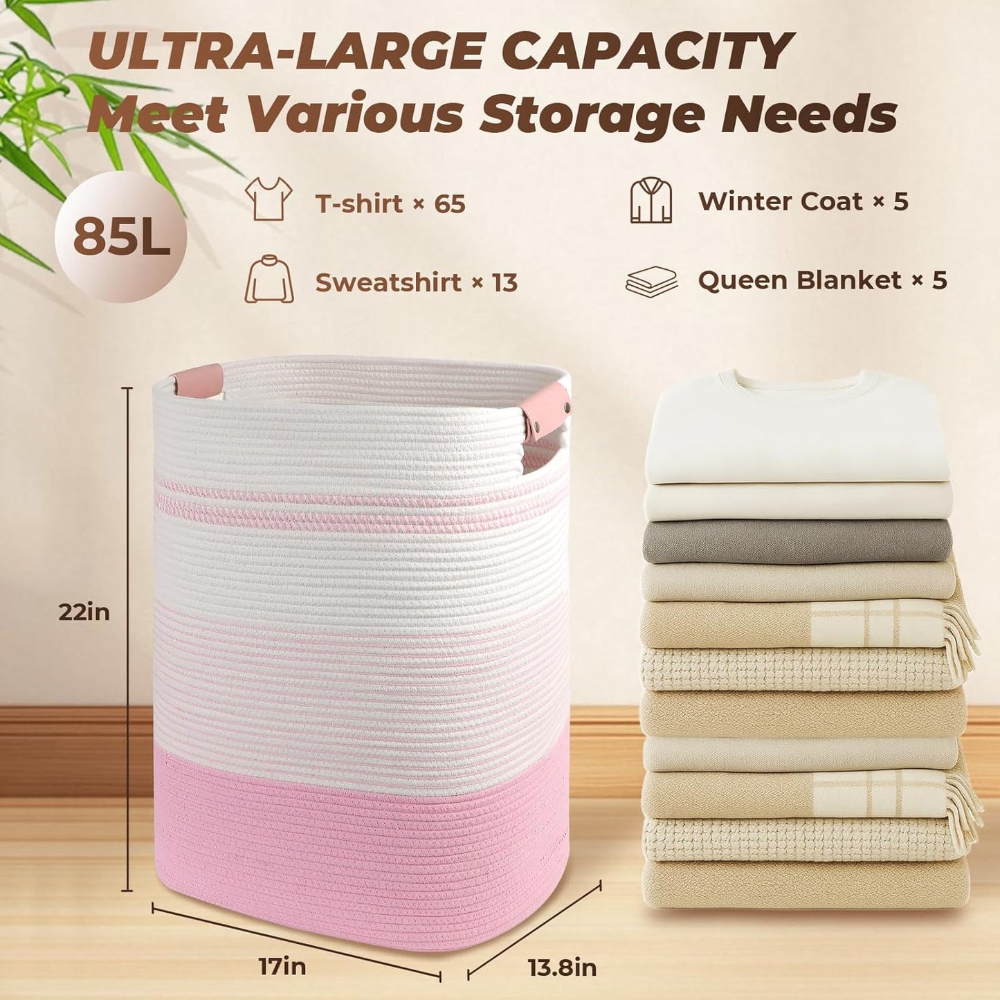 Laundry Basket with Handles - Blanket Basket & Hampers for Bedroom Aesthetic, Laundry Hamper &