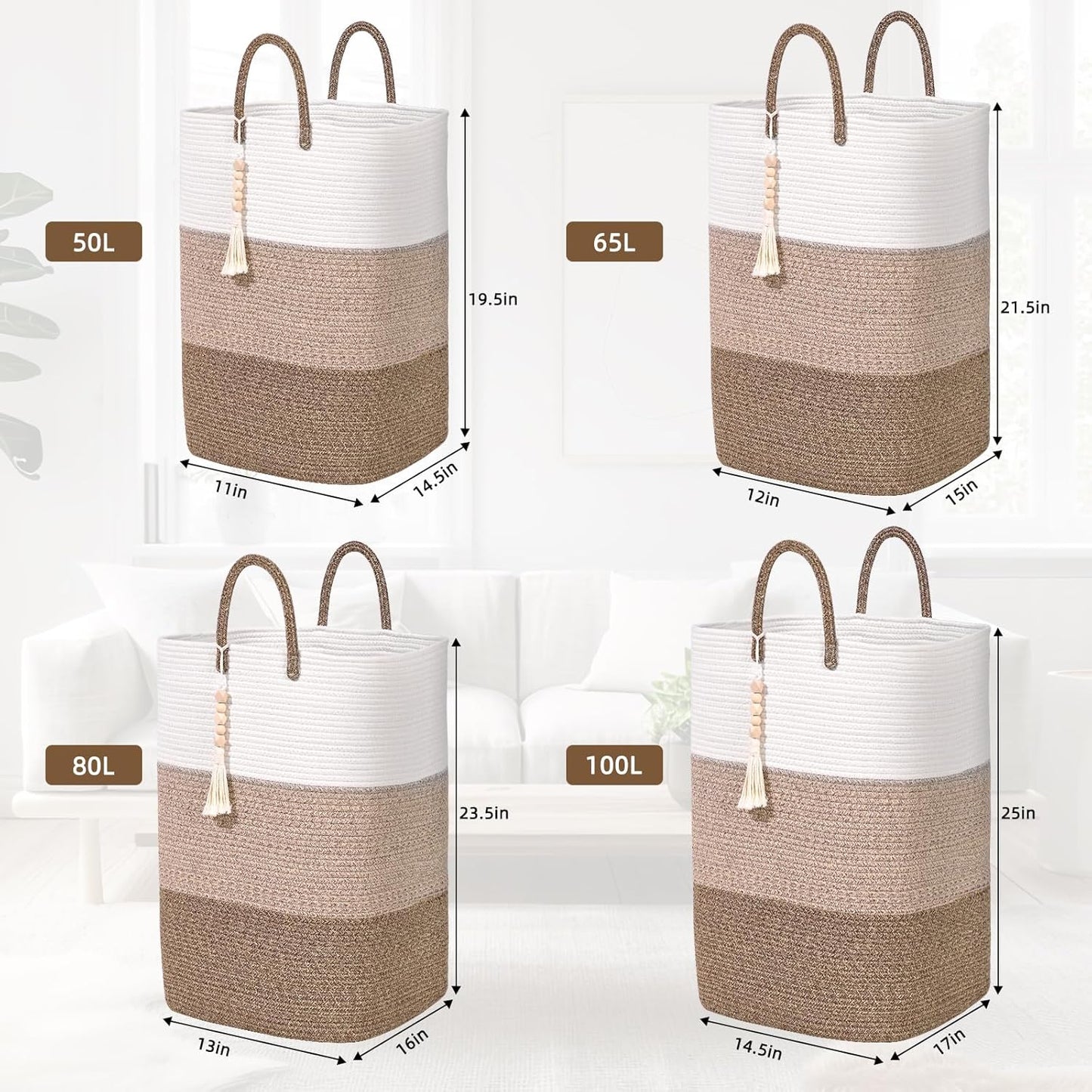 Woven Laundry Basket for Clothes,65 L Large Rectangle Laundry Hampers with Beads Tassel, Nursery
