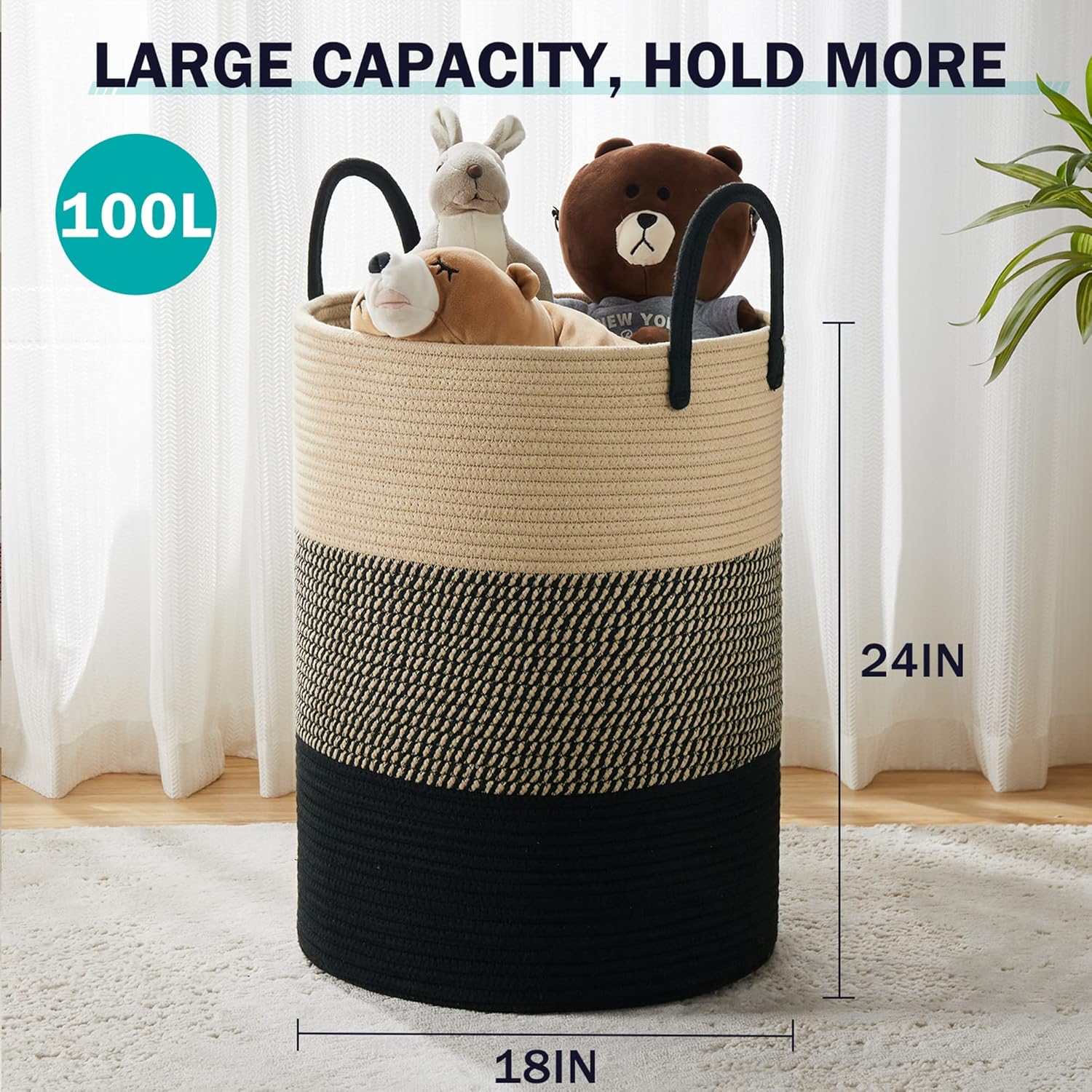 YOUDENOVA Woven Rope Laundry Hamper Basket, 100L Tall Laundry Basket, Baby Nursery Hamper for