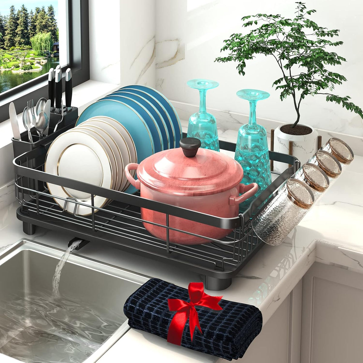 Godboat Dish Drying Rack, Dish Rack with Auto-Drain & Mat, Dish Drainers for Kitchen Counter, Glass