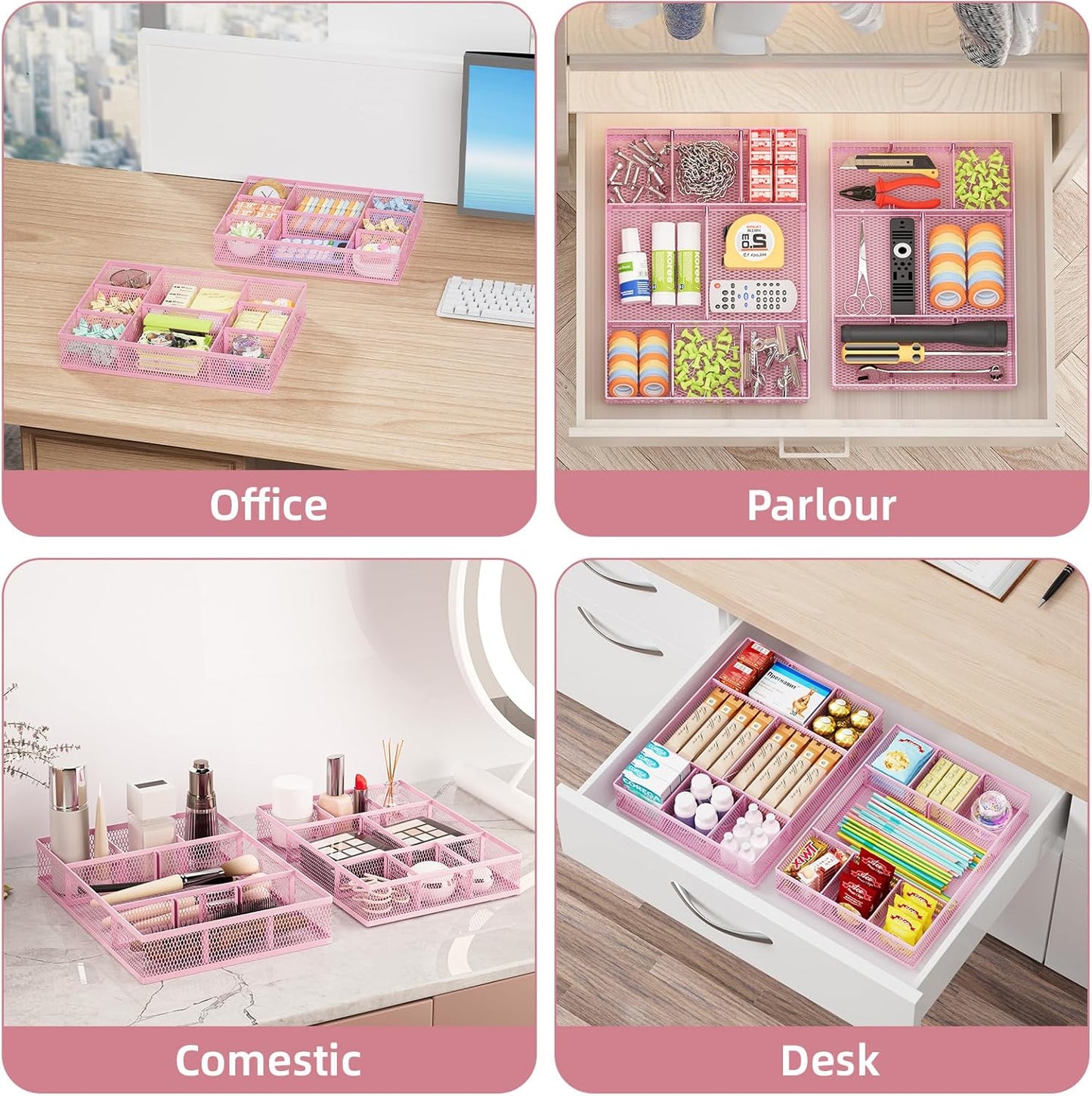 Marbrasse 2 Pack Desk Drawer Organizer, Mesh Drawer Organizer Tray with 8 Adjustable Compartments