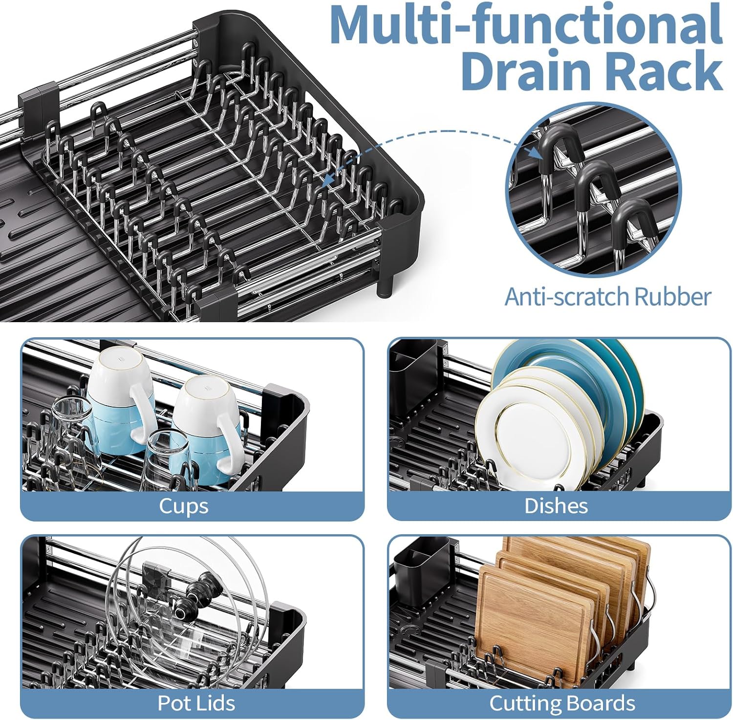 Dish Drying Rack for Kitchen Counter, Extendable Dish Rack with Drainboard, Collapsible Dish