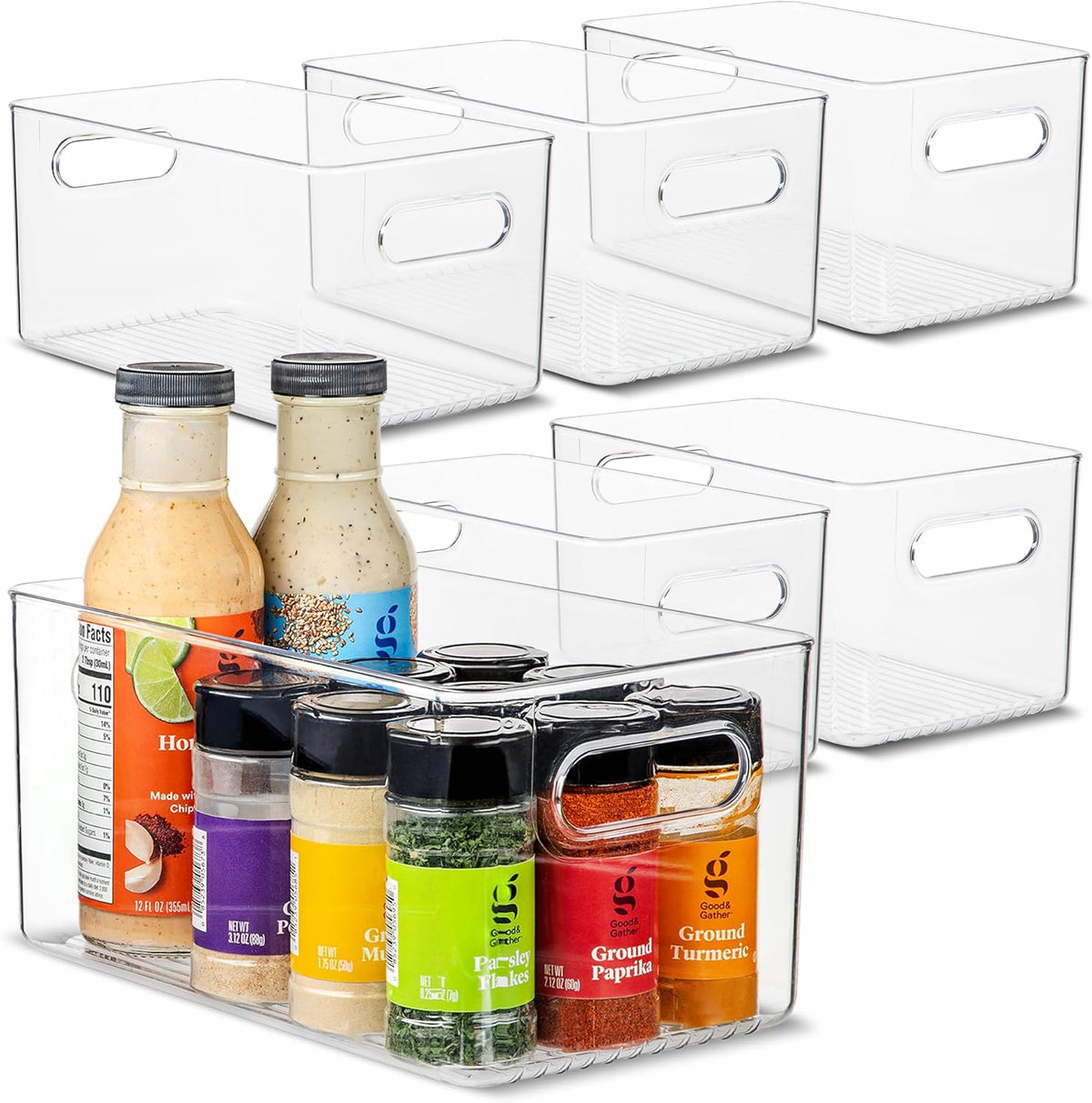 Plastic Food Storage 6 Pack Clear Container Bin with Handles for Organizing Kitchen, Pantry