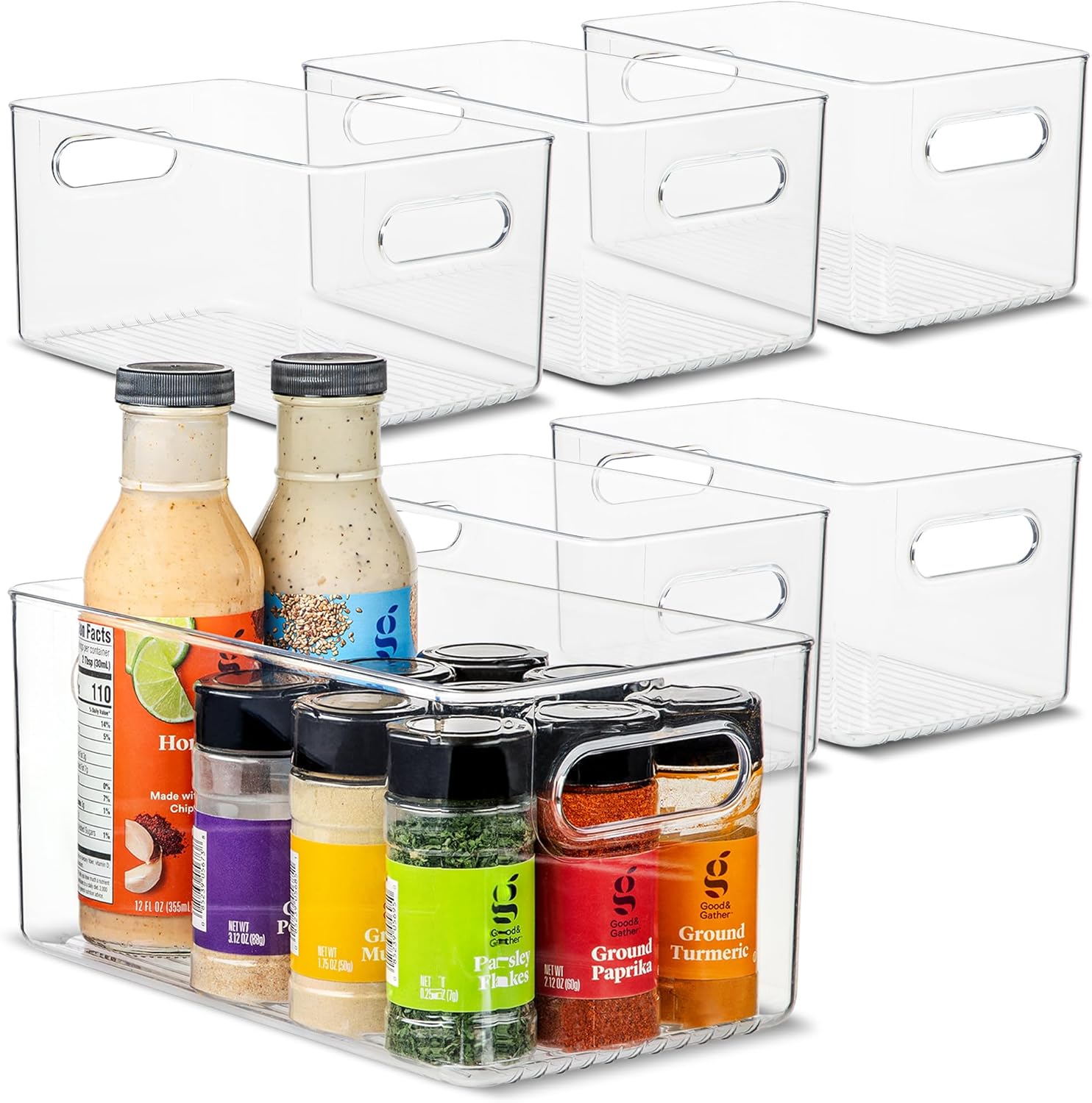 Plastic Food Storage 6 Pack Clear Container Bin with Handles for Organizing Kitchen, Pantry