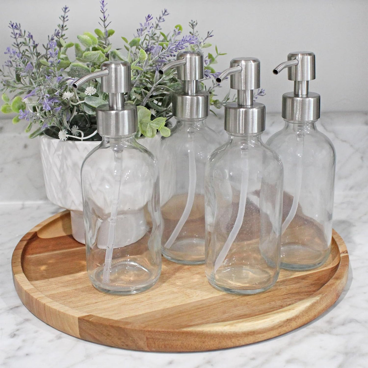 Cornucopia Brands 8-Ounce Clear Glass Boston Round Bottles w/Stainless Steel Lotion Pumps (4-Pack);