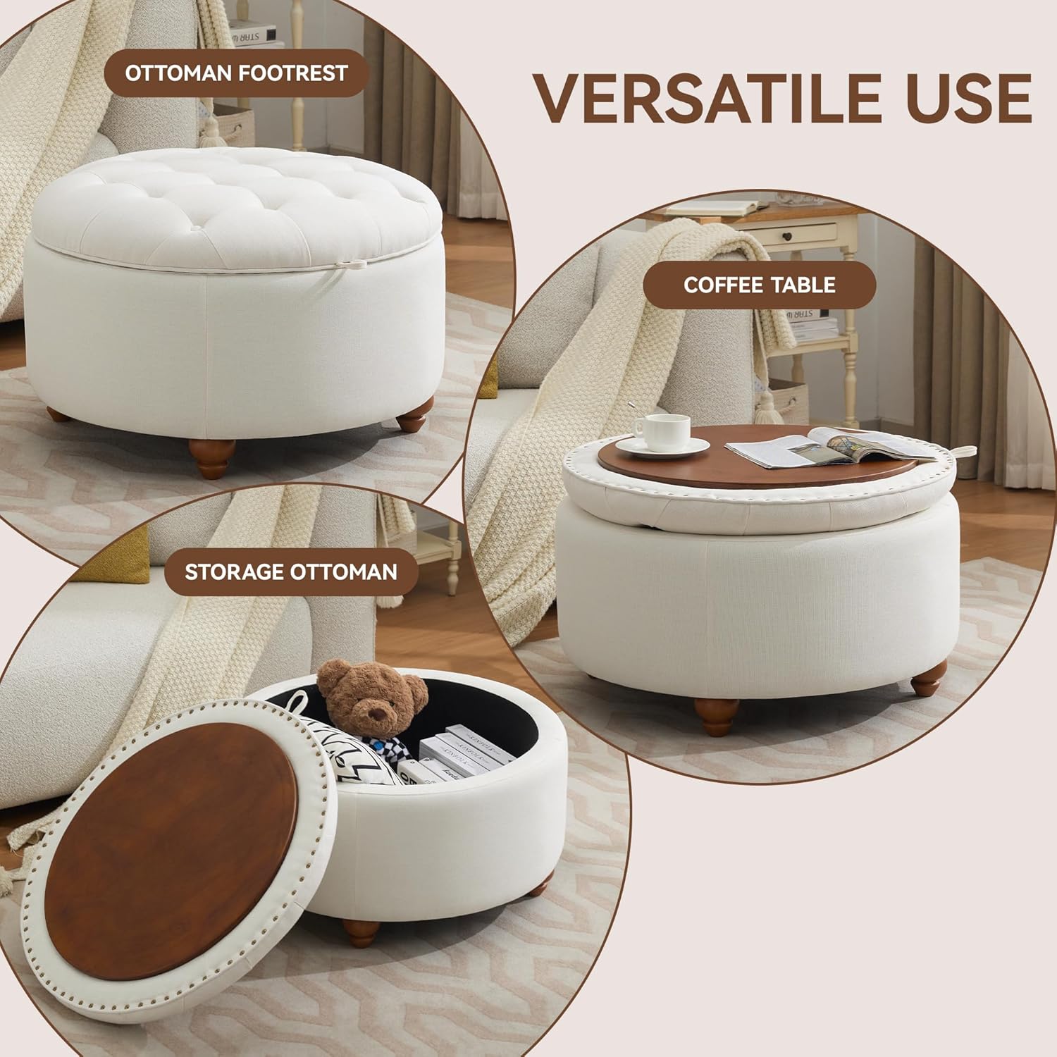 30Inch Round Storage Ottoman with Tray, Modern Tufted Fabric Circle Coffee Table with Storage