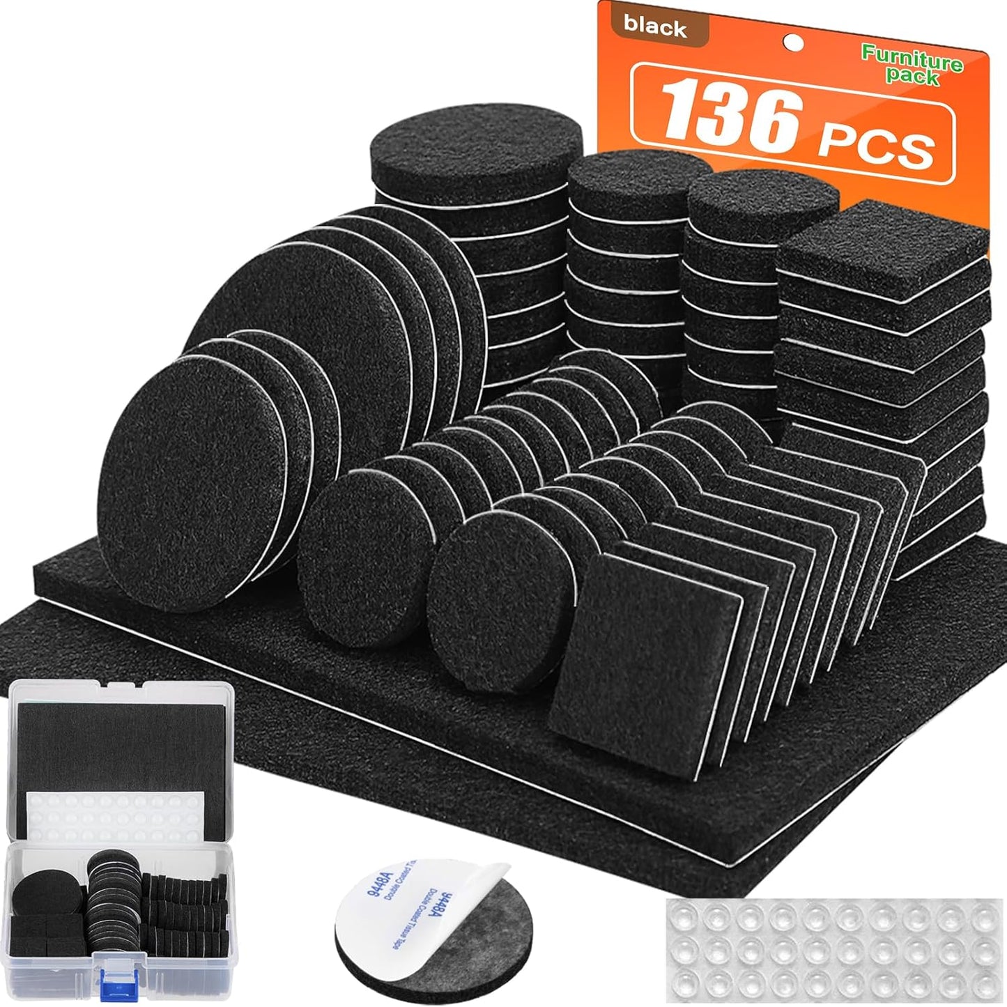 Felt Furniture Pads 136 Pieces, Felt Pads for Furniture Black 5mm Thick, Floor Savers for Furniture