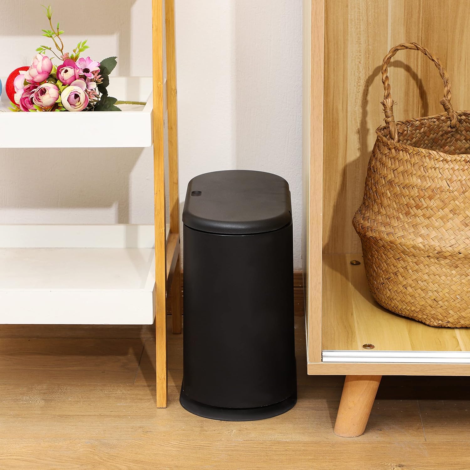 Black Slim Bathroom Trash Can with Press Top Lid,12 Liter Small Thin Garbage Can,3.17 Gallon Narrow