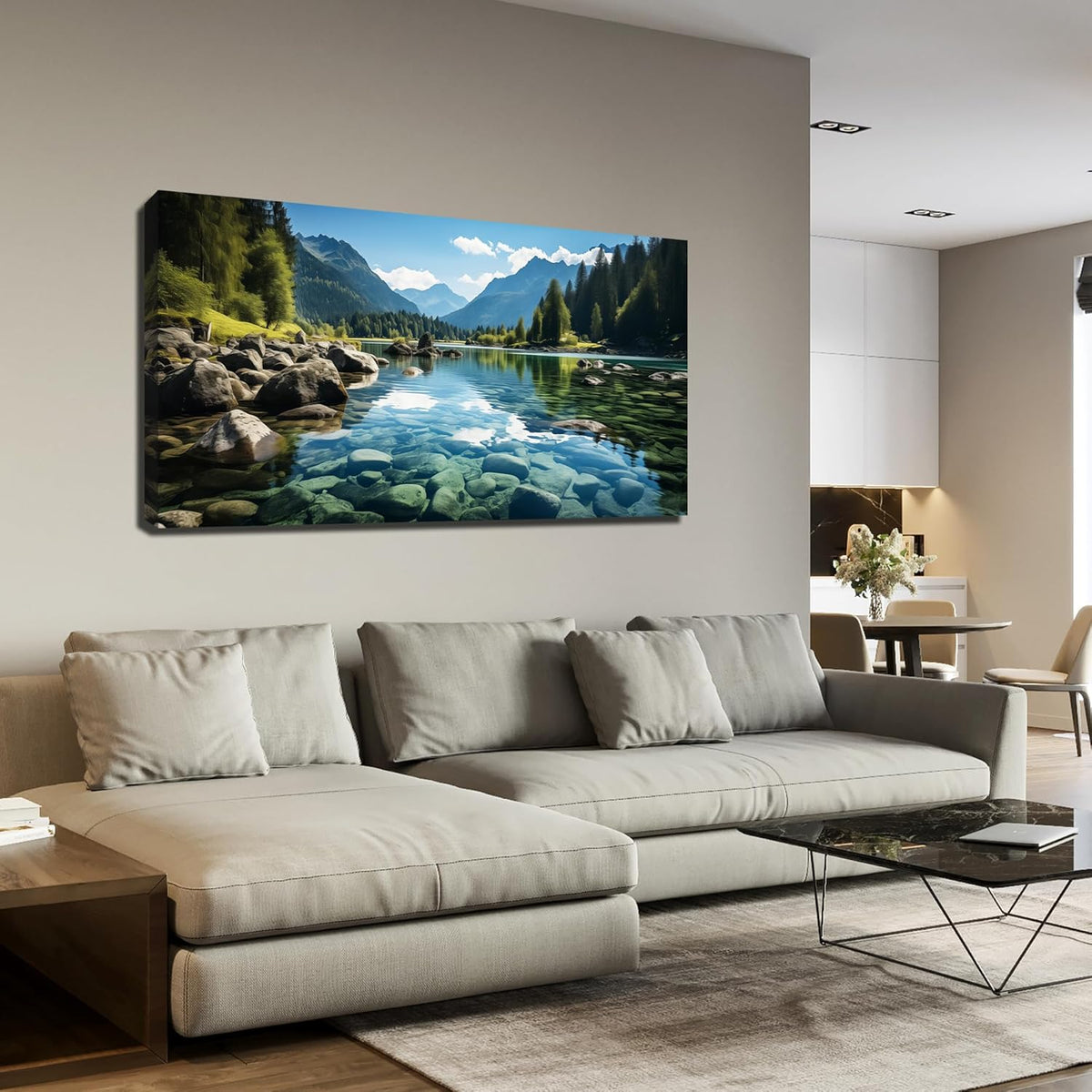 GUGIKA Landscape Wall Art for Living Room, Mountain and Lake Wall-Decor for Bedroom, Natural