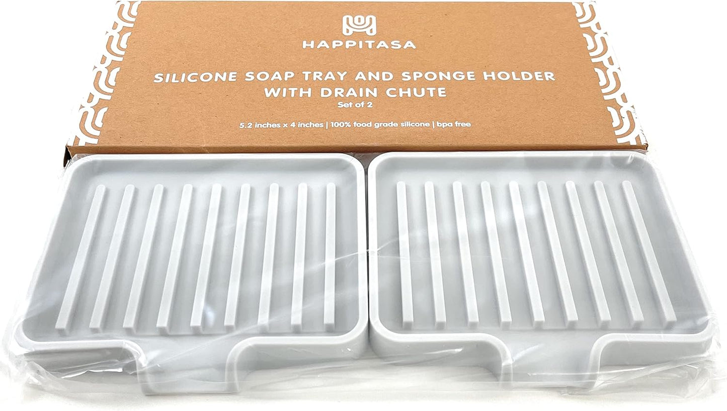 Happitasa Silicone Soap Dish Tray and Sponge Holder with Drain Chute, Pack of 2 | Bathroom and