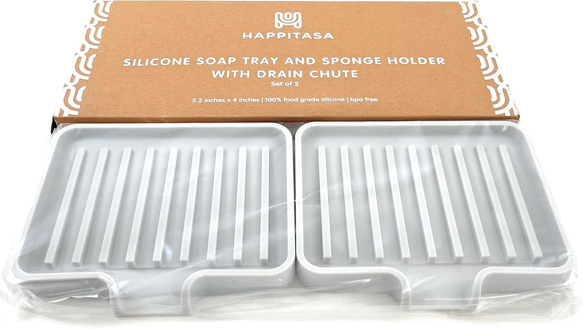 Happitasa Silicone Soap Dish Tray and Sponge Holder with Drain Chute, Pack of 2 | Bathroom and