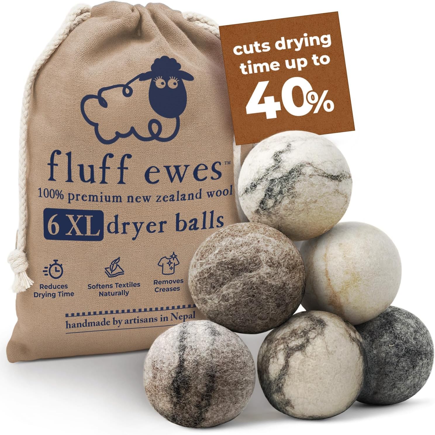 Fluff Ewes Wool Dryer Balls 6 Pack Premium New Zealand Wool Laundry Balls for Dryer, No Static