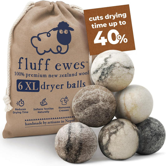 Fluff Ewes Wool Dryer Balls 6 Pack Premium New Zealand Wool Laundry Balls for Dryer, No Static