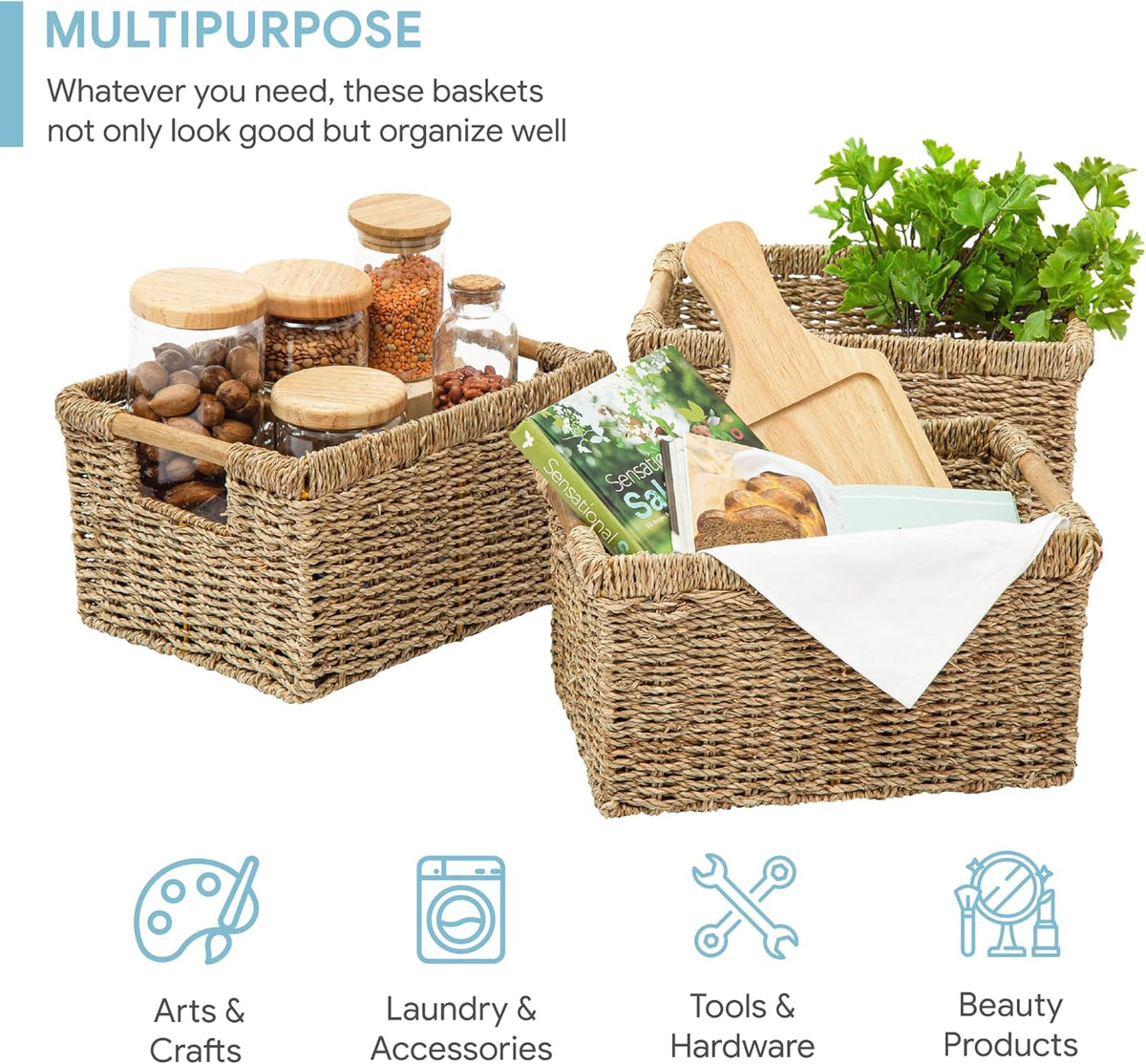 Natural Seagrass Basket with Wooden Handle, Medium Rectuangular Wicker Basket for Living Room 12.2