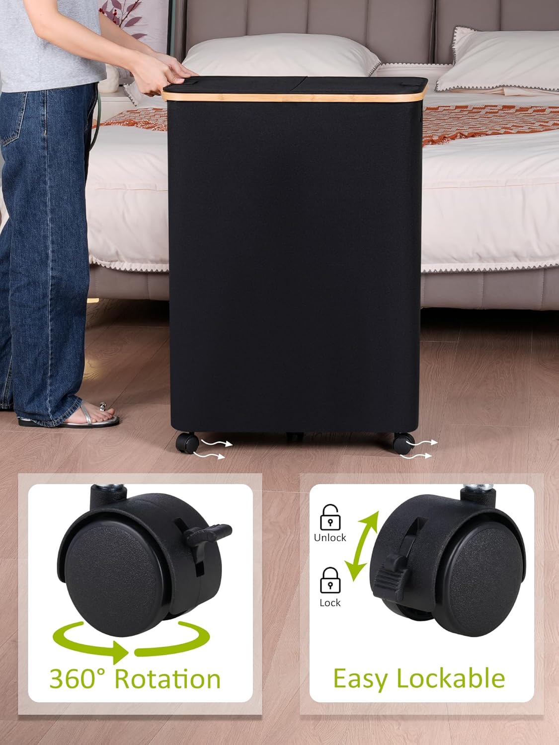 efluky Double Laundry Hamper with Wheels, Divided Laundry Hamper with Removable Bags, 2 Section