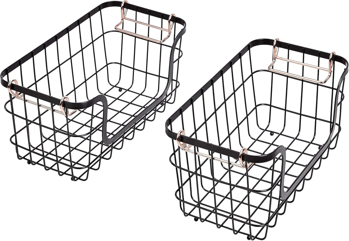 Amazon Basics Stackable Metal Wire Rectangular Storage Basket Set For Kitchen or Bathroom, 2 Count
