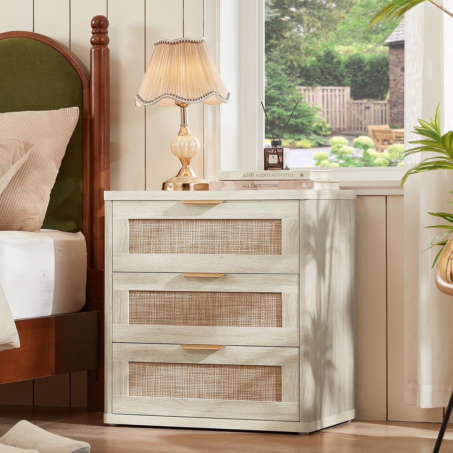 LEYAOYAO Rattan Night Stand with Drawers, 23" Large 3 Drawer Boho Nightstand, Grey White Bedside