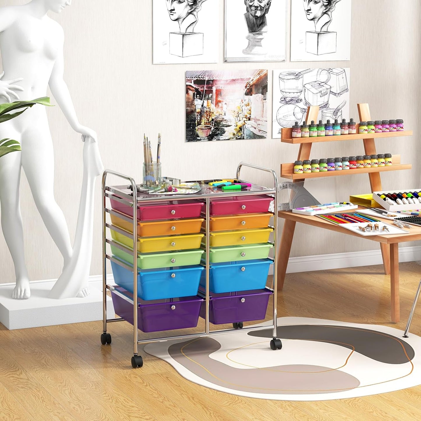 GOFLAME 12-Drawer Rolling Storage Cart, Multipurpose Organizer Cart with 2 Sizes Plastic Drawers