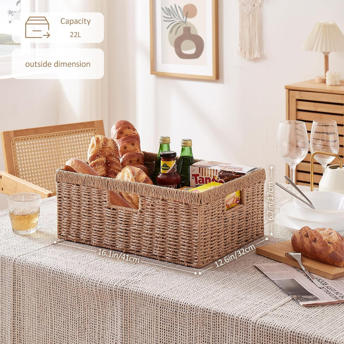 OIAHOMY Wicker Basket, Paper Shelf Basket with Built-in Handles, Rectangular Wicker Storage Bin for