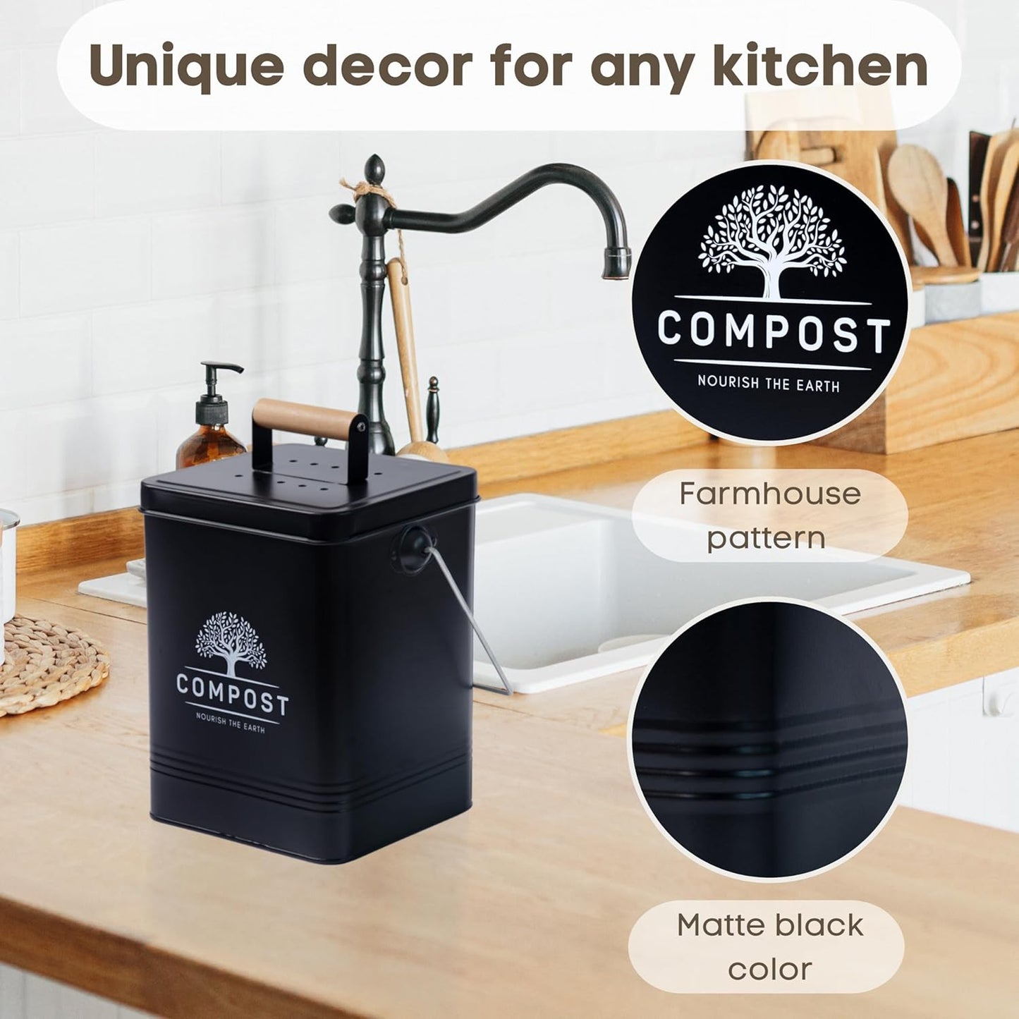 PERFNIQUE Kitchen Compost Bin, 1.7 Gallon Countertop Compost Bin with Lid, Indoor Compost Bin