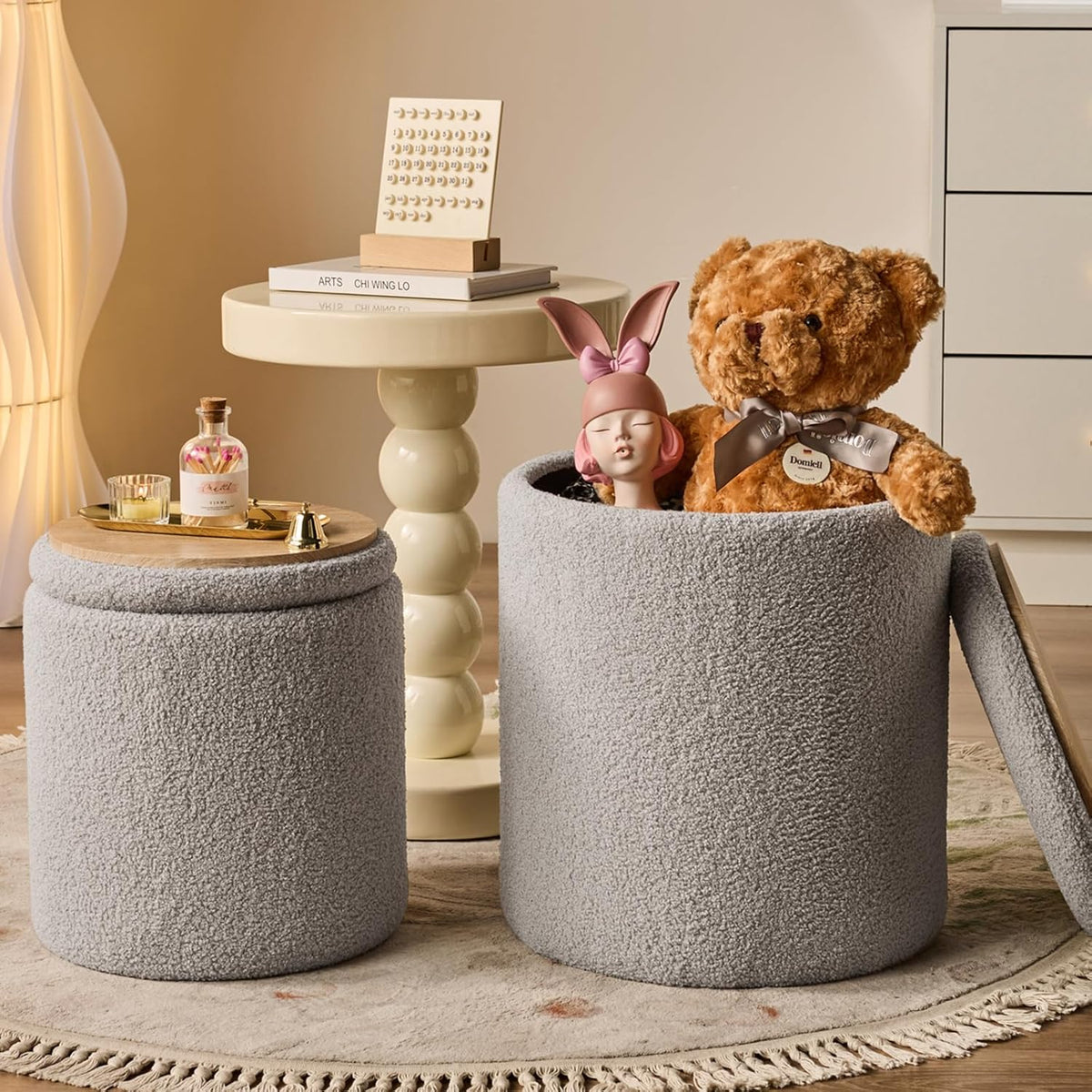 Round Ottoman with Storage Set of 2-Upholstered Sherpa Vanity Stool for Makeup Multifunctional