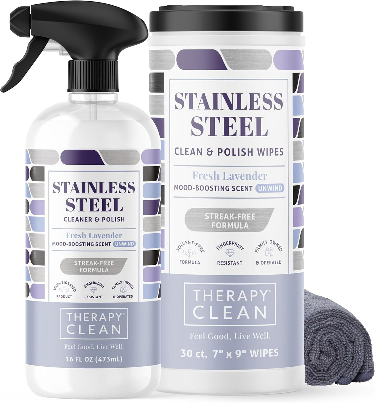 Therapy Stainless Steel Cleaner and and Polish Wipes Bundle with Microfiber Cloth - Remove