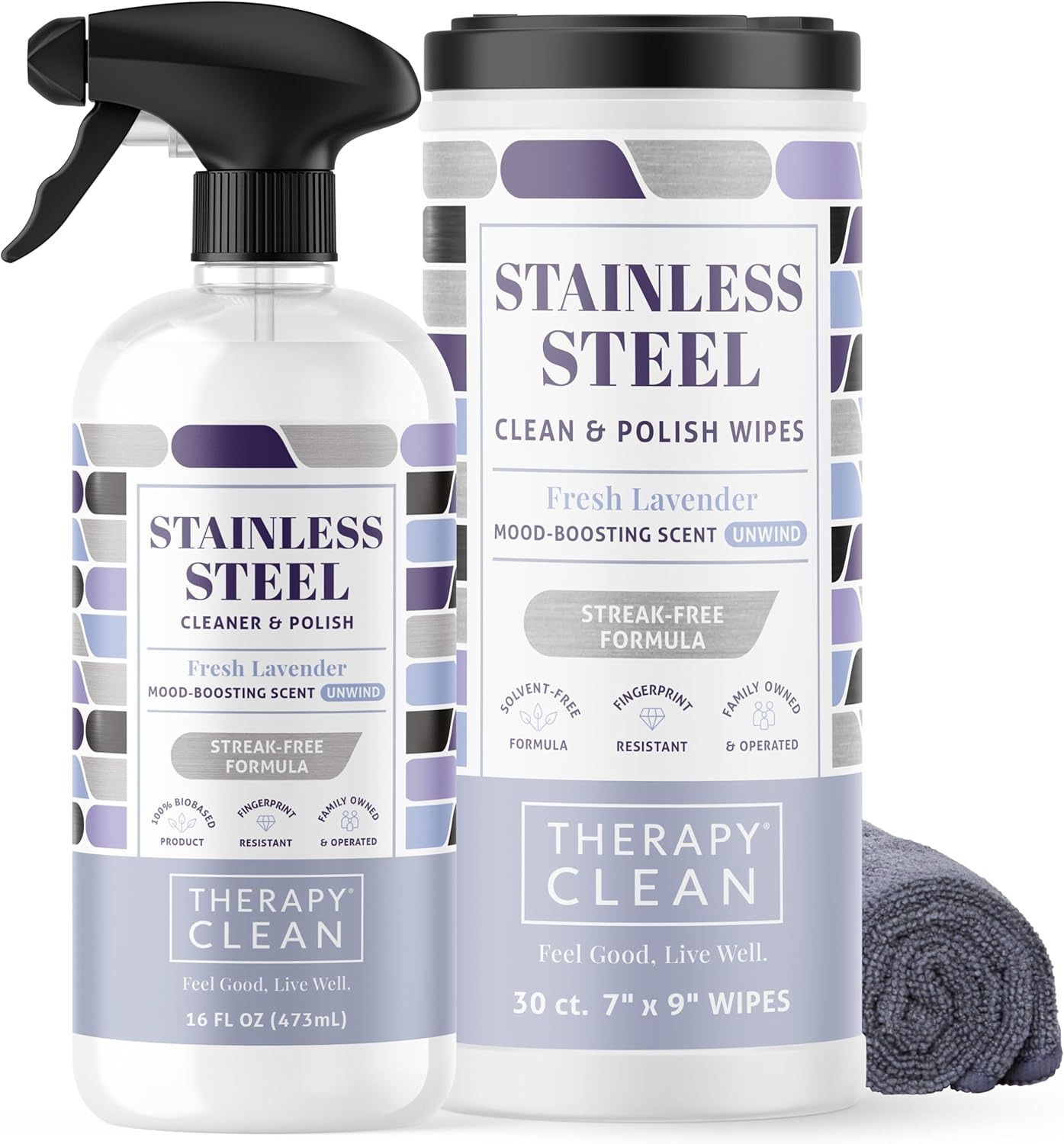 Therapy Stainless Steel Cleaner and and Polish Wipes Bundle with Microfiber Cloth - Remove