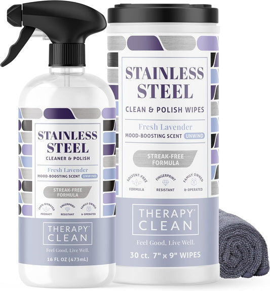 Therapy Stainless Steel Cleaner and and Polish Wipes Bundle with Microfiber Cloth - Remove
