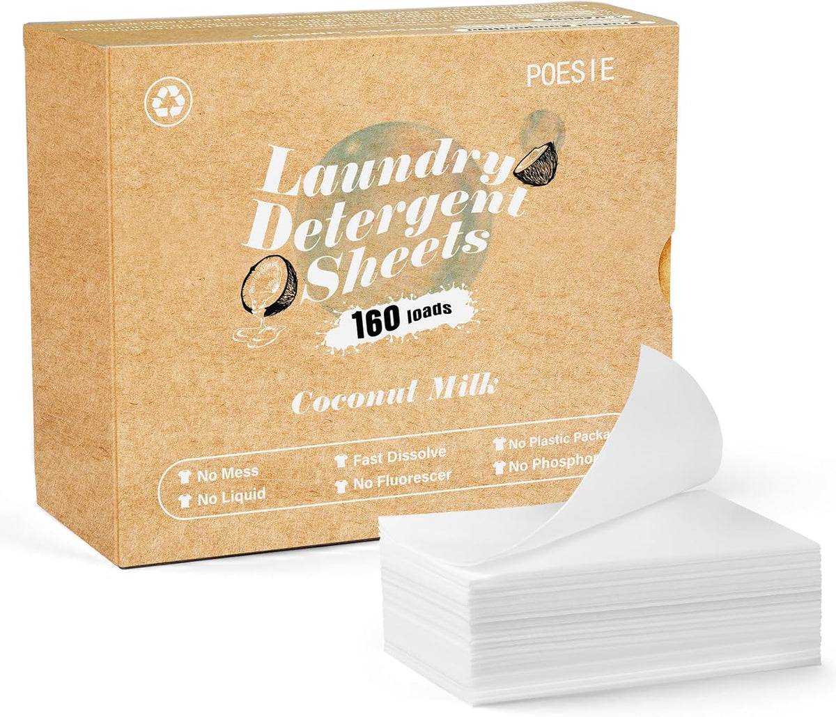 Poesie Laundry Detergent Sheets Coconut Milk Scent 160 Count Non Plastic Jugs Portable Laundry Soap