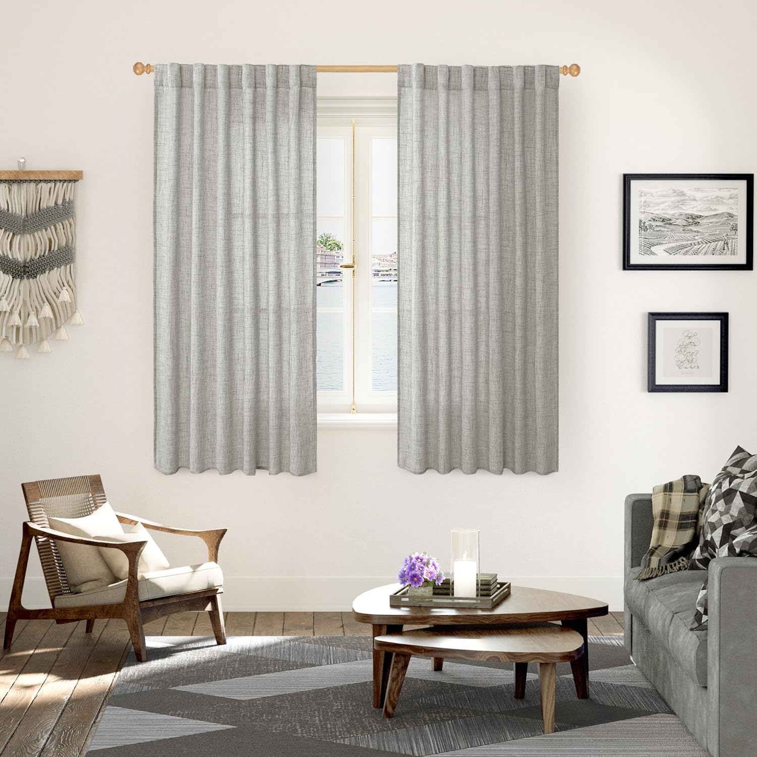 YoungsTex Dark Grey Linen Curtains 63 Inch Length 2 Panels for Living Room, Light Filtering Semi