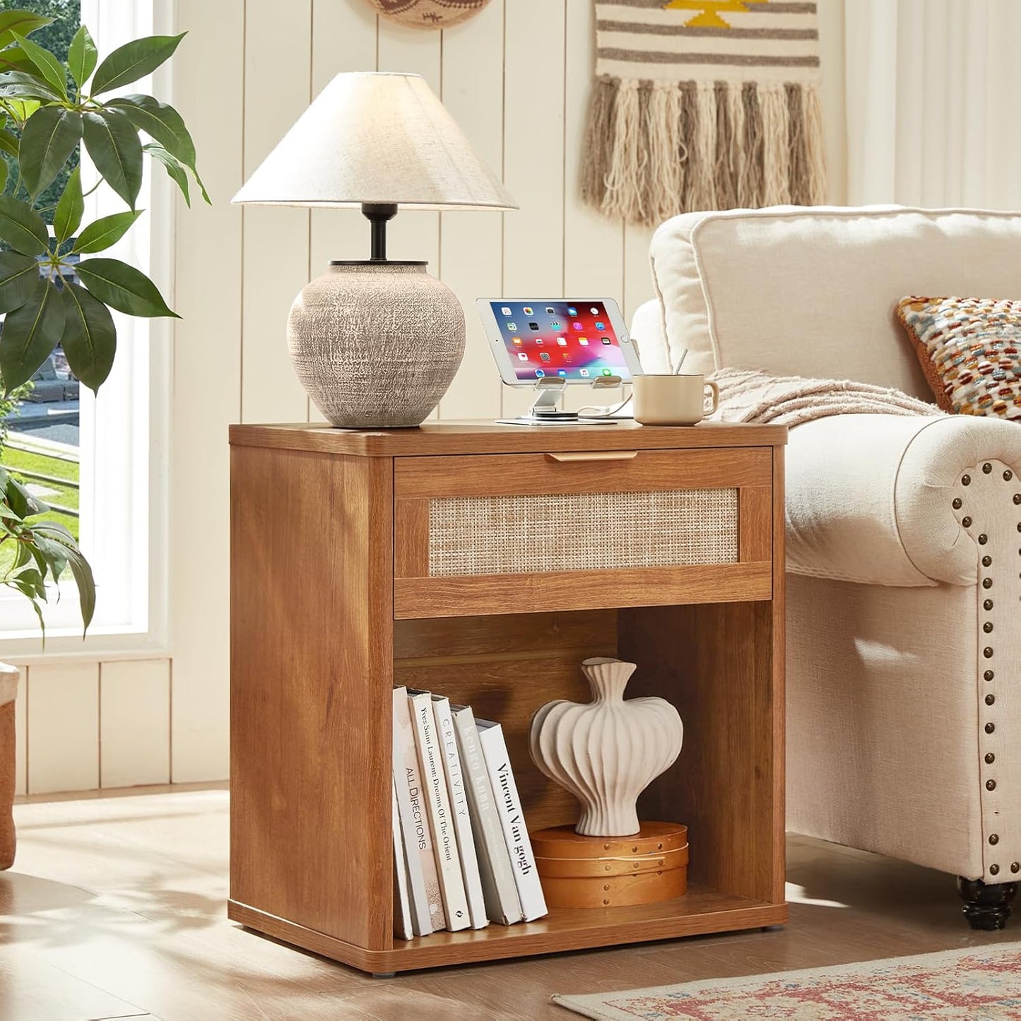 LEYAOYAO Rattan Nightstand with Charging Station, 23" Wide Boho Night Stand with Drawer, Natural