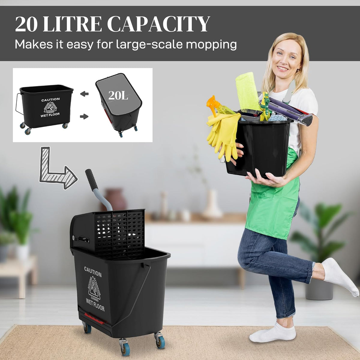 HOMCOM Compact Mop Bucket with Wringer on Wheels for Floor Cleaning, 21 Quart, Separate Dirty and