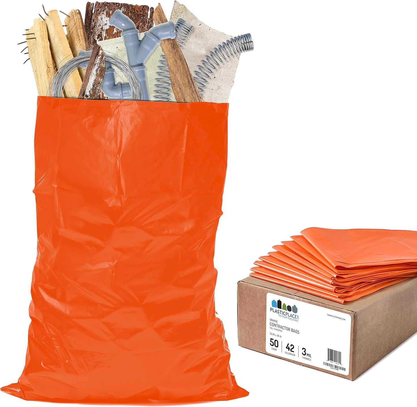 Plasticplace 42 Gallon Trash Bags |3.0 Mil | Orange Heavy Duty Contractor Trash Bags | 33" x 48"