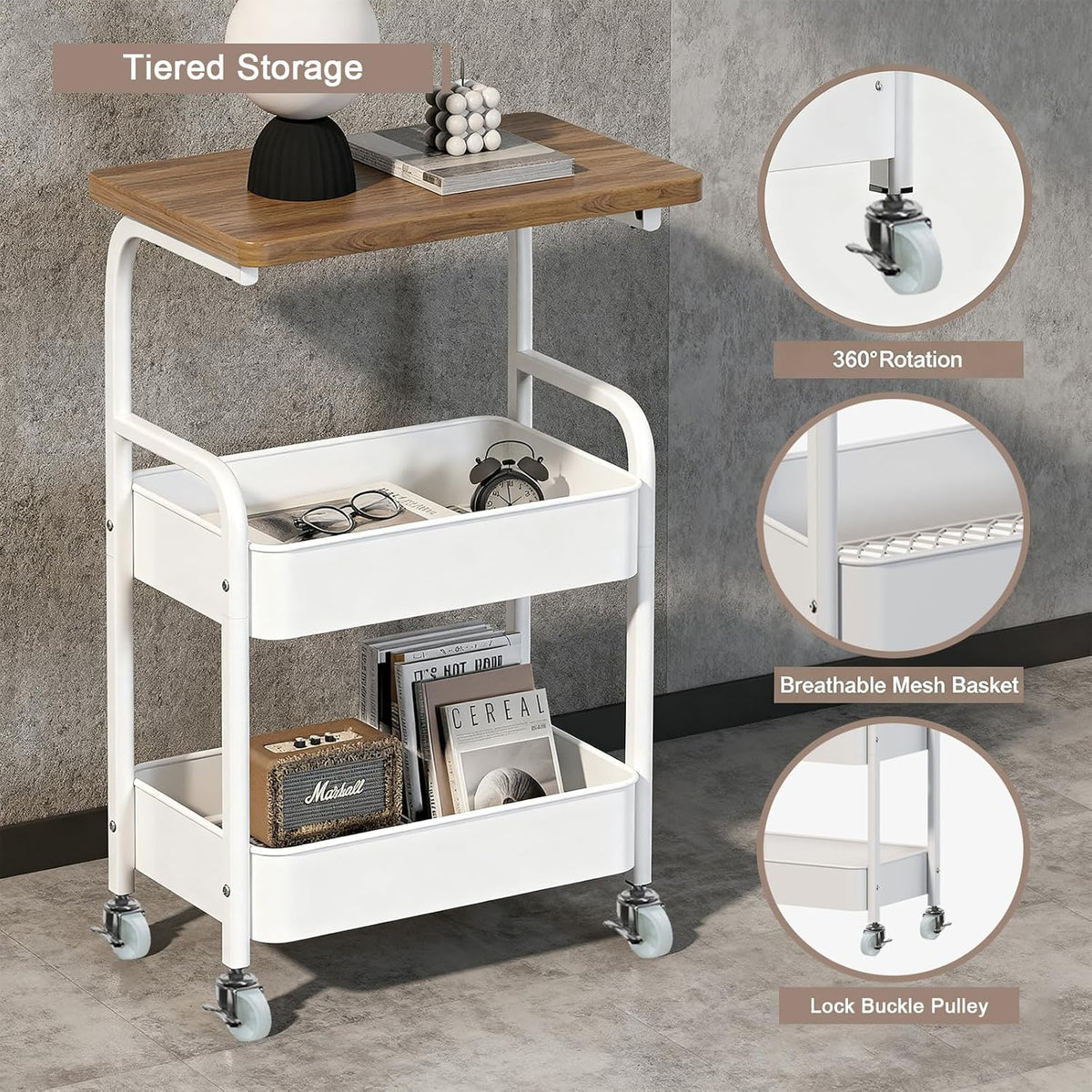 Rolling Cart with Wooden Tabletop 3-Tier Metal Utility Rolling Cart Storage Organizer with Lockable