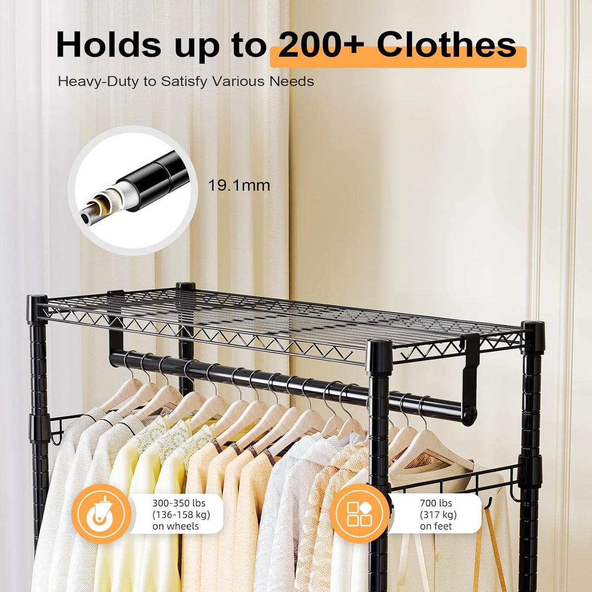 Heavy Duty Rolling Garment Rack 3 Tiers Adjustable Wire Shelving Clothes Rack with 2 Rods and Side