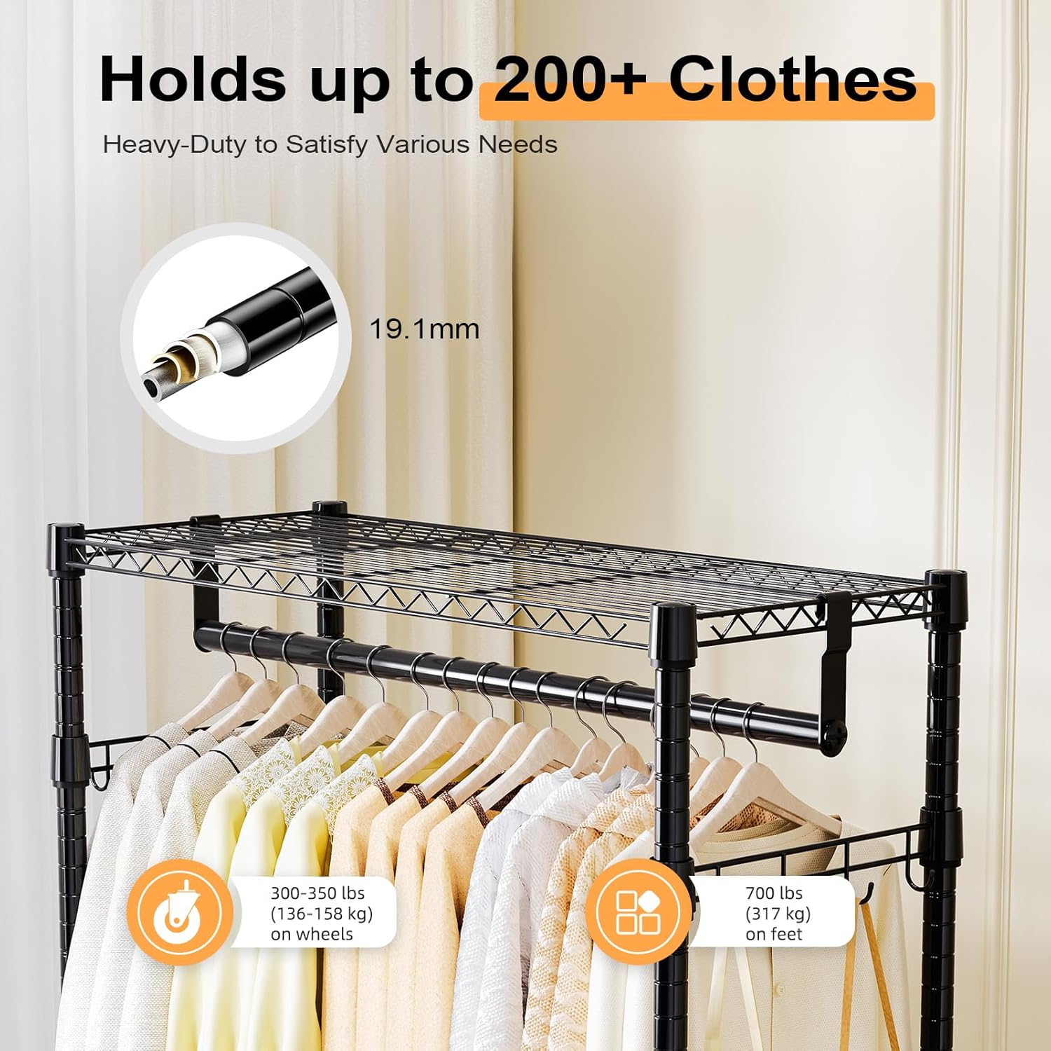 Heavy Duty Rolling Garment Rack 3 Tiers Adjustable Wire Shelving Clothes Rack with 2 Rods and Side