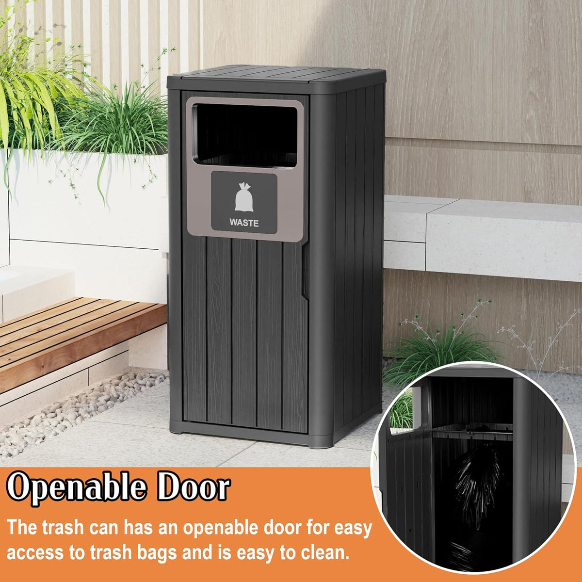 Outdoor Single Barrel Trash Can,Waterproof Resin Garbage Can with Garbage Labels,Durable Waste Bin