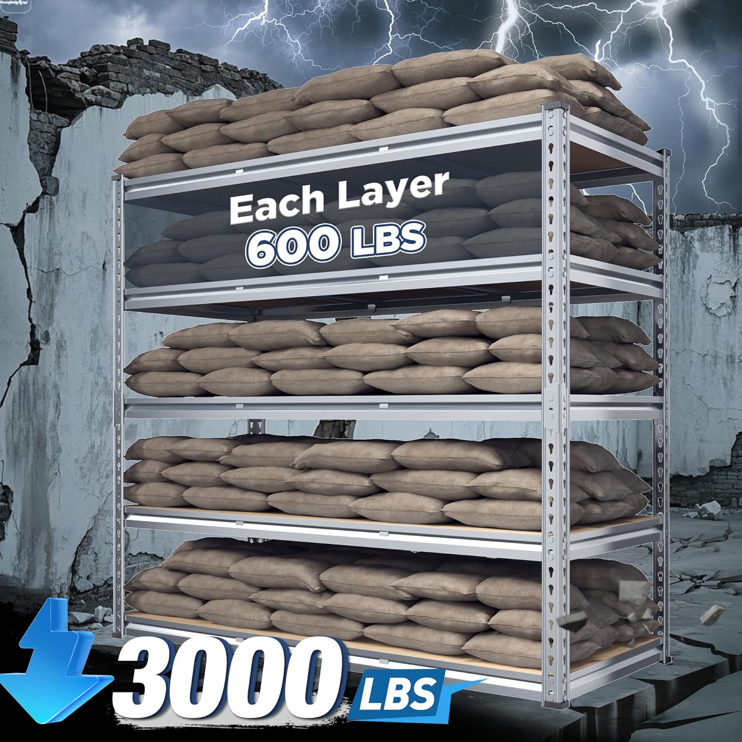 REIBII Garage Shelving, 5 Tier Storage Shelves Load 3000LBS, Adjustable Garage Shelving Heavy Duty