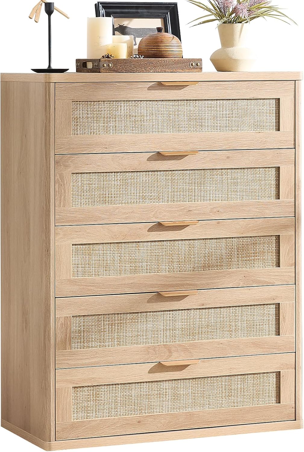 LEYAOYAO Rattan Dresser for Bedroom, 41" Tall Chest of Drawers, Modern 5 Drawers Boho Dressers with
